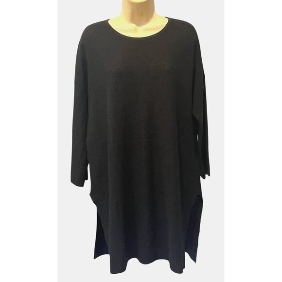 EILEEN FISHER Black Organic Linen Blend 3/4 Sleeve Knit Long Tunic Sweater - Picture 1 of 7